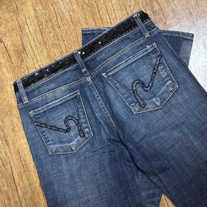 [BUNJANG] Blau song Denim Bootcut Jeans with Sequin Embroidery Pants / 블라우송 데님 부츠컷 청바지 유니크 시퀸 중청 일자 스판바지 팬츠4455