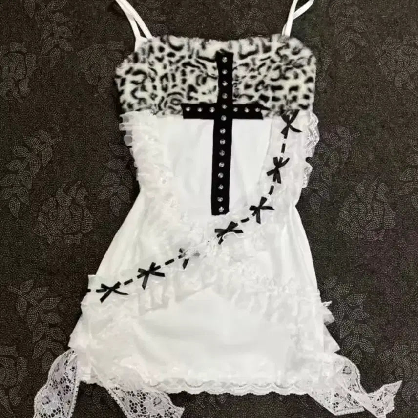 [BUNJANG] Y2K Leopard Print Lace Frill Mini Dress / 갸루st y2k 호피 리본 레이스 프릴 화이트 나시미니원피스