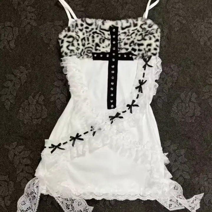 [BUNJANG] Y2K Leopard Print Lace Frill Mini Dress / 갸루st y2k 호피 리본 레이스 프릴 화이트 나시미니원피스