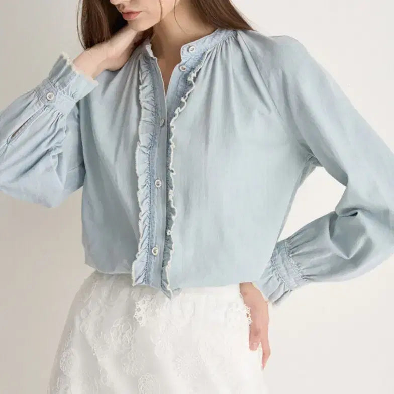 [BUNJANG] Mine 25SS Ruffled Denim Blouse / 한섬 마인 mine 25ss 러플 데님 블라우스 55