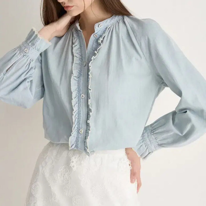 [BUNJANG] Mine 25SS Ruffled Denim Blouse / 한섬 마인 mine 25ss 러플 데님 블라우스 55