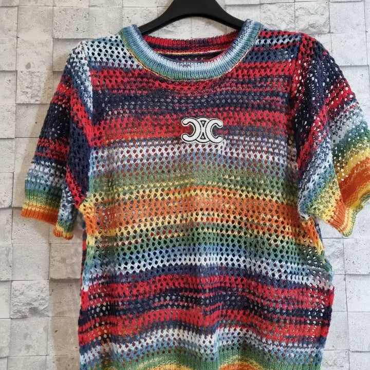 [BUNJANG] Rainbow Mesh Knit Top / 망사니트 레인보우 반팔 니트