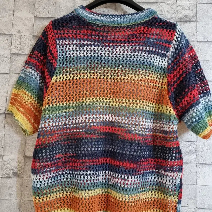 [BUNJANG] Rainbow Mesh Knit Top / 망사니트 레인보우 반팔 니트