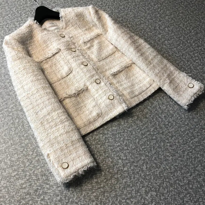 [BUNJANG] Ivory Tweed Jacket / 라운드 노카라 트위드 자켓 올드머니룩 출근룩 아이보리 크림
