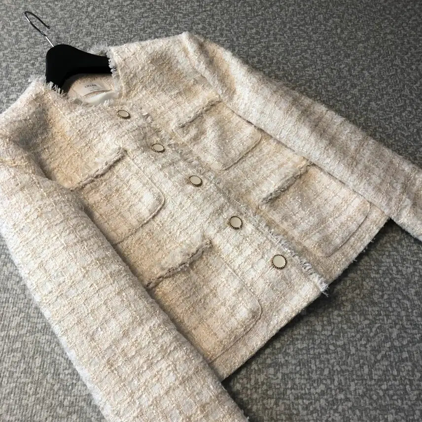 [BUNJANG] Ivory Tweed Jacket / 라운드 노카라 트위드 자켓 올드머니룩 출근룩 아이보리 크림