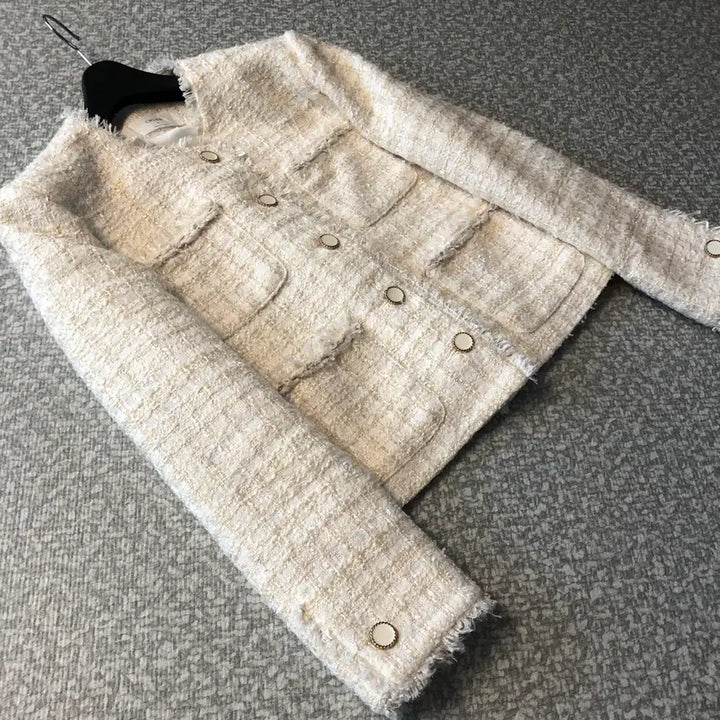 [BUNJANG] Ivory Tweed Jacket / 라운드 노카라 트위드 자켓 올드머니룩 출근룩 아이보리 크림