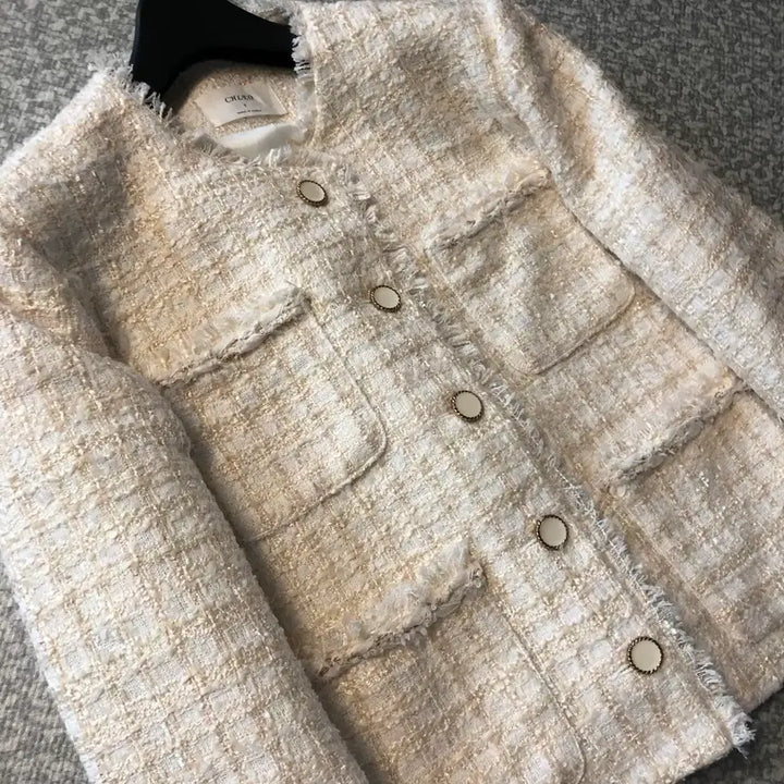 [BUNJANG] Ivory Tweed Jacket / 라운드 노카라 트위드 자켓 올드머니룩 출근룩 아이보리 크림