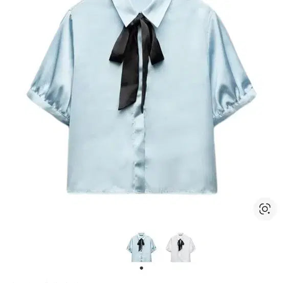 [BUNJANG] ZARA Satin Bow Shirt - Sky Blue L / 자라 보우 샤틴 셔츠 L 새상품