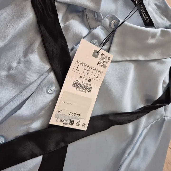 [BUNJANG] ZARA Satin Bow Shirt - Sky Blue L / 자라 보우 샤틴 셔츠 L 새상품