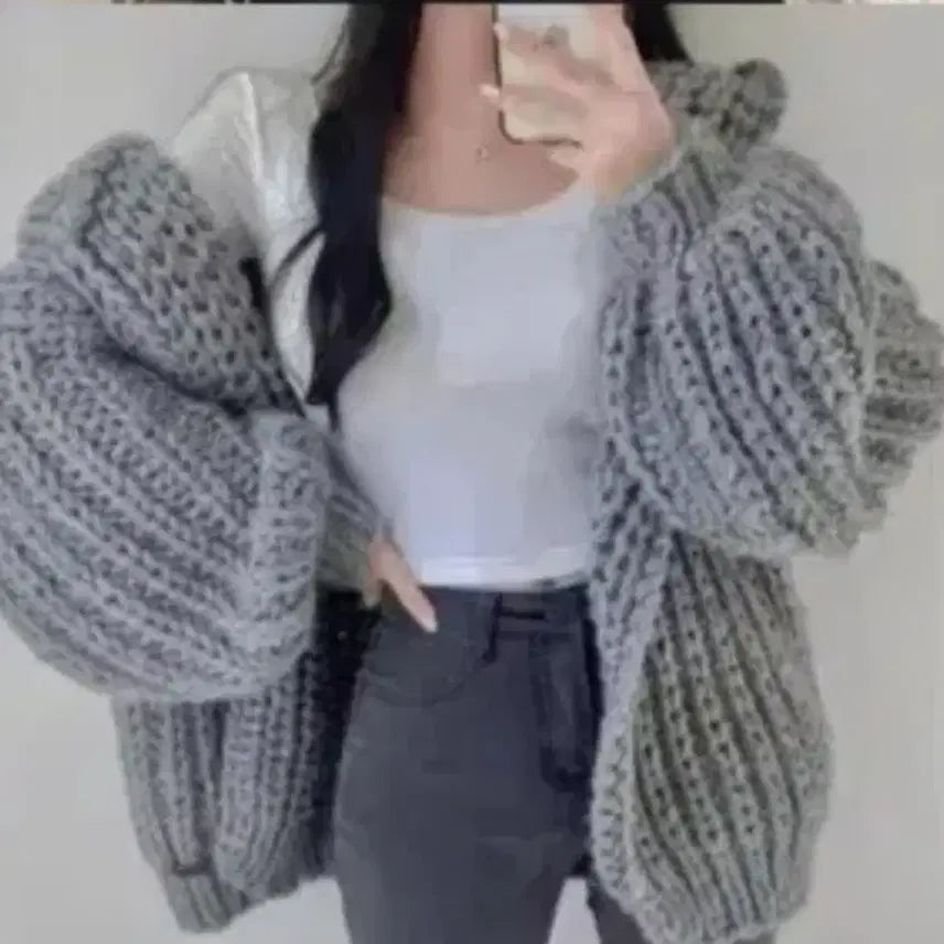 [BUNJANG] Gray Cable Knit Cardigan Oversized Outerwear / 에이블리 회색 꽈배기 니트 가디건 오버핏 아우터 교신