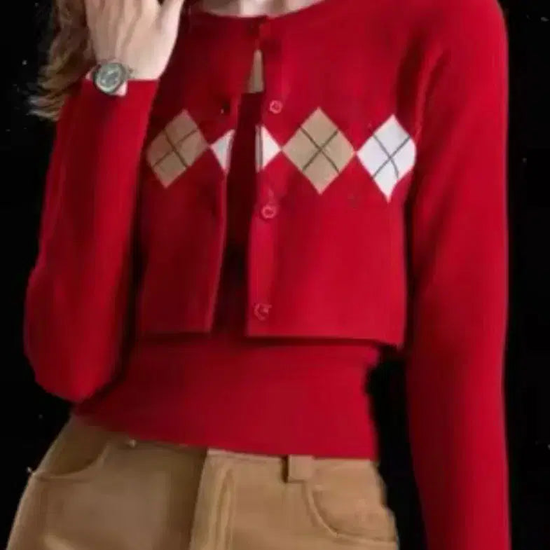 [BUNJANG] Diamond Pattern Sleeveless Cardigan Set / 다이아몬드 패턴 레드 나시 가디건 세트