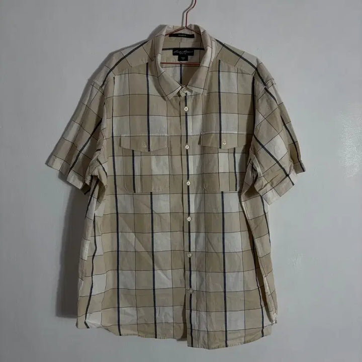 [SOLD OUT] Eddie Bauer 베이지 반팔 체크 셔츠(2XL)