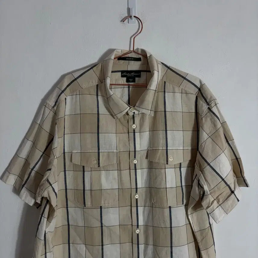 [SOLD OUT] Eddie Bauer 베이지 반팔 체크 셔츠(2XL)