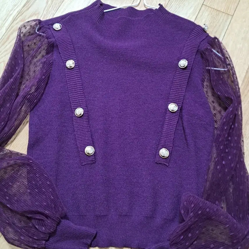 [BUNJANG] Purple Sheer Ruffle Blouse Knit Top / 퍼플 시스루 셔링 블라우스 니트