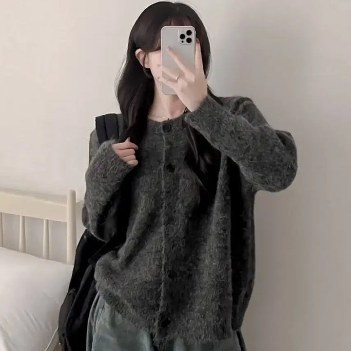 [BUNJANG] Ably Note Loose Fit Knit Cardigan Charcoal / 에이블리 노트 루즈핏 니트 가디건 차콜