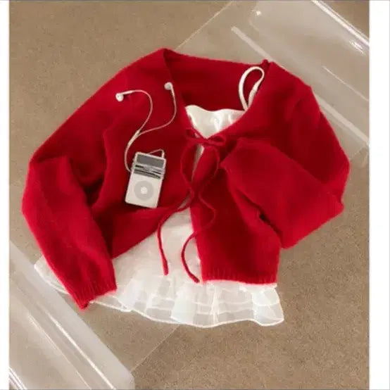 [BUNJANG] Red Ribbed Knit Cardigan Set / 레드 나시 가디건 세트