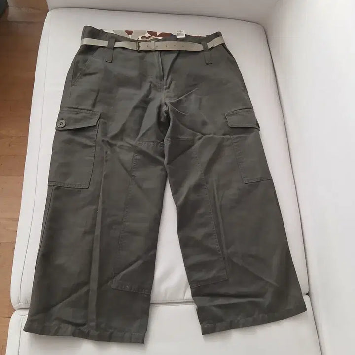 [BUNJANG] Wide Ankle Cargo Pants with Leather Belt (Khaki, Size 66) / [시스템] 카고바지 / 66
