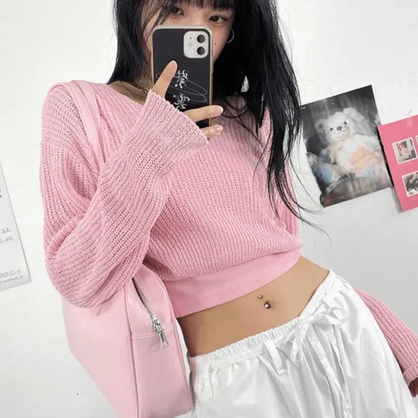 [BUNJANG] Acuvee Club Babe Crop Knit Sweater (Pink) / 아쿠비클럽 babe crop knit 크롭 핑크 니트