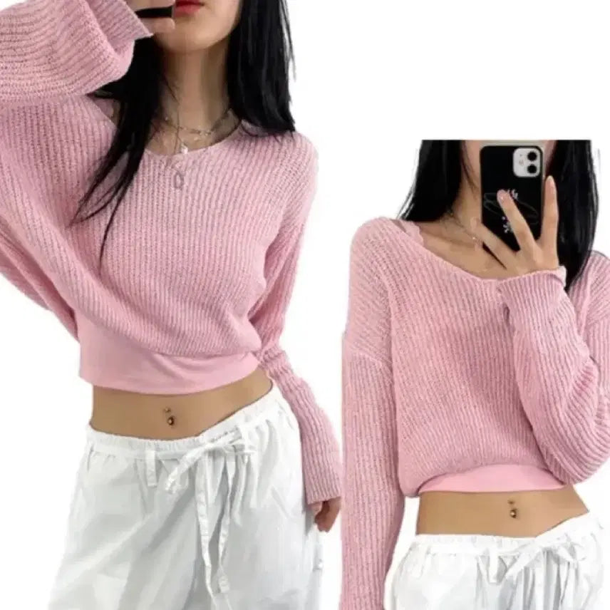 [BUNJANG] Acuvee Club Babe Crop Knit Sweater (Pink) / 아쿠비클럽 babe crop knit 크롭 핑크 니트