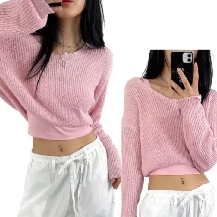[BUNJANG] Acuvee Club Babe Crop Knit Sweater (Pink) / 아쿠비클럽 babe crop knit 크롭 핑크 니트