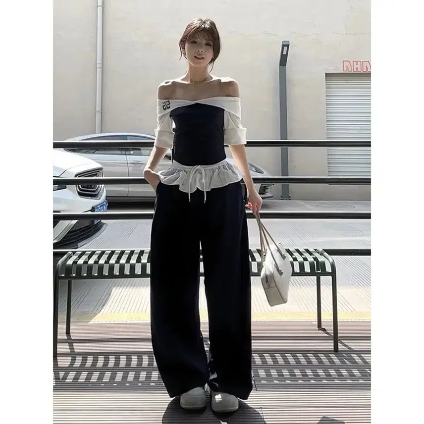[BUNJANG] Two-Tone Off-Shoulder Top + Wide Pants Set / 투톤 오프숄더 탑 + 와이드 팬츠 세트