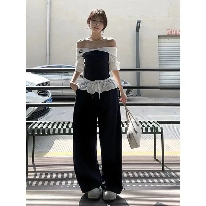 [BUNJANG] Two-Tone Off-Shoulder Top + Wide Pants Set / 투톤 오프숄더 탑 + 와이드 팬츠 세트