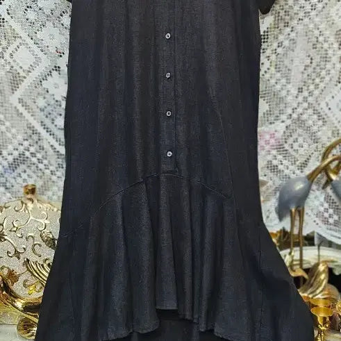[BUNJANG] Black Asymmetric Long Shirtdress with Frill Design / 블랙 언발도톰마롱 원피스 셔츠형 프릴 디자인
