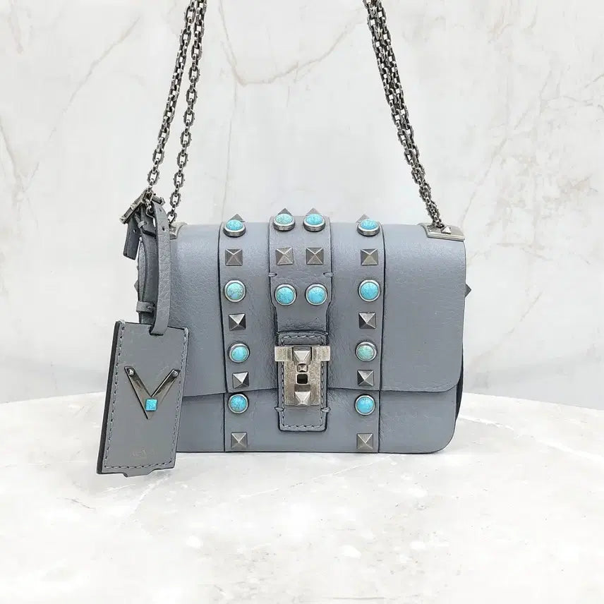 [BUNJANG] Valentino Turquoise Rockstud Mini Chain Crossbody Bag / 발렌티노 터콰이즈 락스터드 미니 체인 크로스백