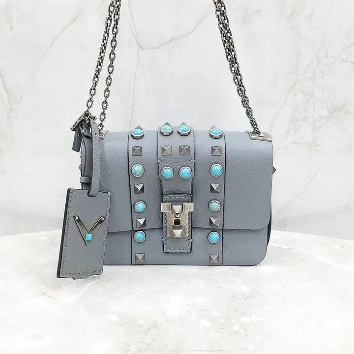 [BUNJANG] Valentino Turquoise Rockstud Mini Chain Crossbody Bag / 발렌티노 터콰이즈 락스터드 미니 체인 크로스백