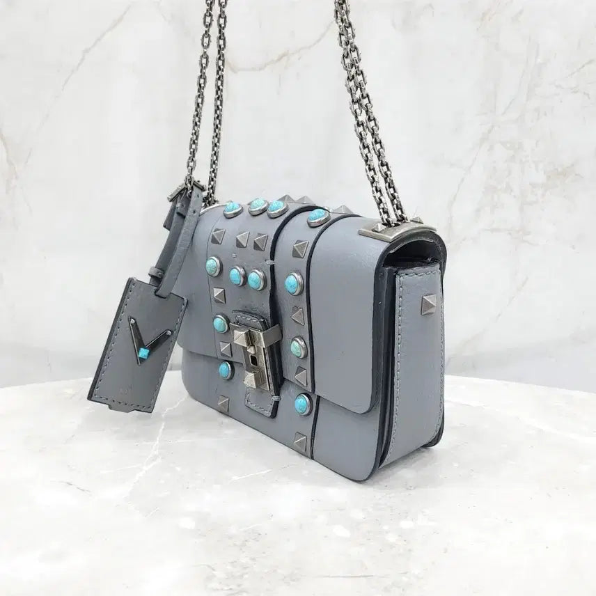 [BUNJANG] Valentino Turquoise Rockstud Mini Chain Crossbody Bag / 발렌티노 터콰이즈 락스터드 미니 체인 크로스백