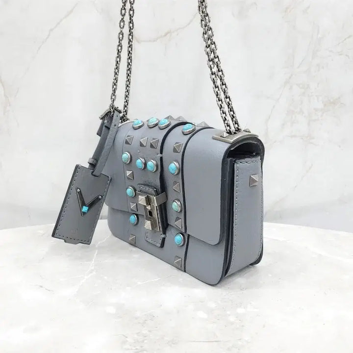 [BUNJANG] Valentino Turquoise Rockstud Mini Chain Crossbody Bag / 발렌티노 터콰이즈 락스터드 미니 체인 크로스백