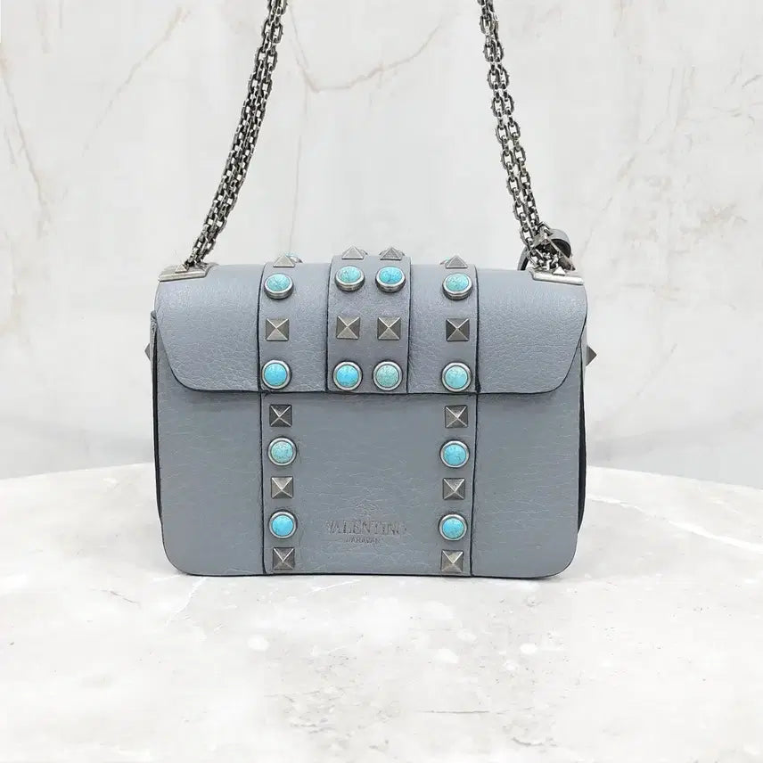 [BUNJANG] Valentino Turquoise Rockstud Mini Chain Crossbody Bag / 발렌티노 터콰이즈 락스터드 미니 체인 크로스백