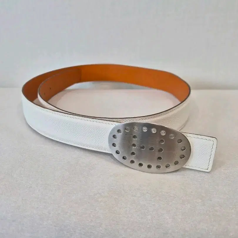 [BUNJANG] Hermes Reversible Leather Belt with H Buckle (White/Orange) / HERMES 에르메스 정품 화이트/오렌지 리버시블 가죽 H 버클 벨트