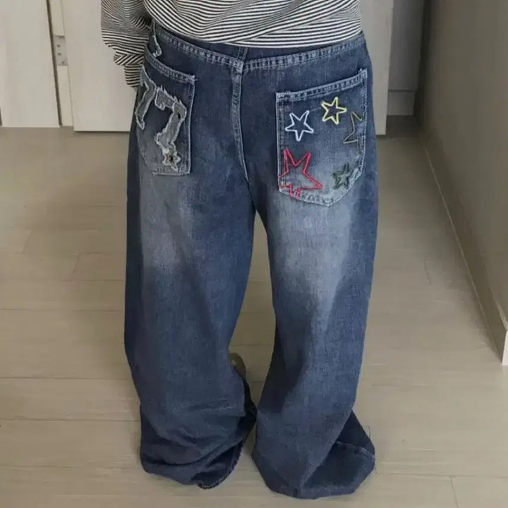 [BUNJANG] Avely Blue Hearts Star Embroidery Back Pocket Wide Denim (Size 77) / 새상품/일태포함)에이블리 블루하츠 77 와펜 별 자수 백포켓 와이드 데님