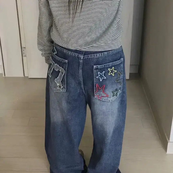 [BUNJANG] Avely Blue Hearts Star Embroidery Back Pocket Wide Denim (Size 77) / 새상품/일태포함)에이블리 블루하츠 77 와펜 별 자수 백포켓 와이드 데님