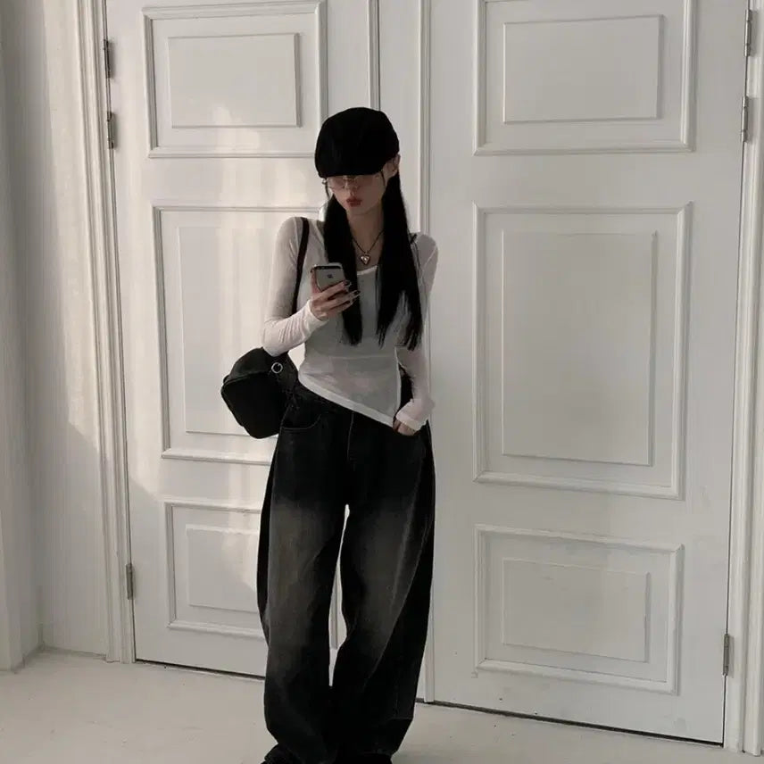 [BUNJANG] Modi Mood Fit Guarantee Washing Side Pintuck Wide Pants Jeans Black / 모디무드 핏보장 워싱 사이드핀턱 와이드 팬츠 청바지 블랙 흑청 판매