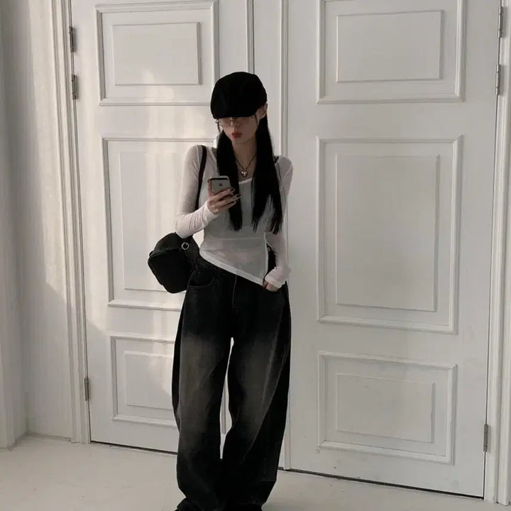 [BUNJANG] Modi Mood Fit Guarantee Washing Side Pintuck Wide Pants Jeans Black / 모디무드 핏보장 워싱 사이드핀턱 와이드 팬츠 청바지 블랙 흑청 판매