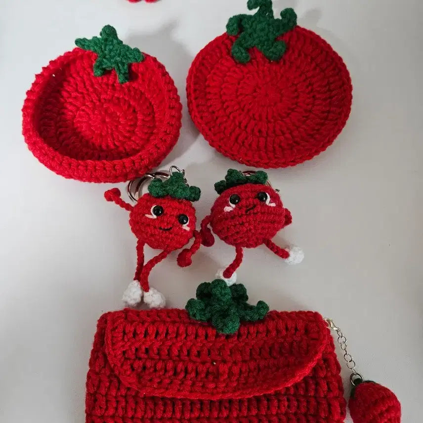 [BUNJANG] Tomato Series Crochet Keychain, Coaster, Tray, Pouch, and Net Bag / 토마토 뜨개 키링&amp;티코스터&amp;트레이&amp;파우치&amp;네트망