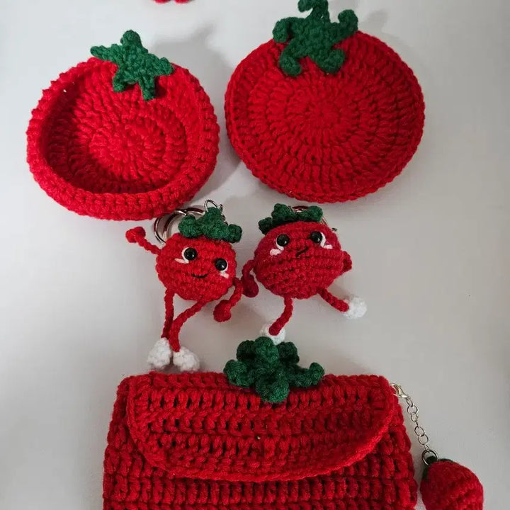 [BUNJANG] Tomato Series Crochet Keychain, Coaster, Tray, Pouch, and Net Bag / 토마토 뜨개 키링&amp;티코스터&amp;트레이&amp;파우치&amp;네트망