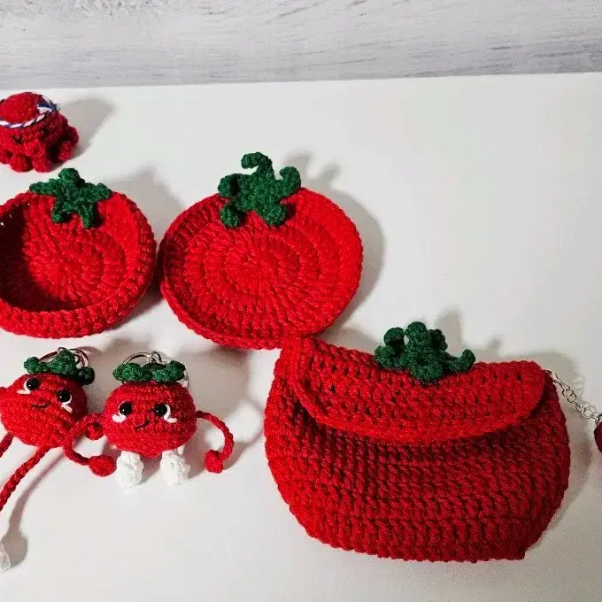 [BUNJANG] Tomato Series Crochet Keychain, Coaster, Tray, Pouch, and Net Bag / 토마토 뜨개 키링&amp;티코스터&amp;트레이&amp;파우치&amp;네트망