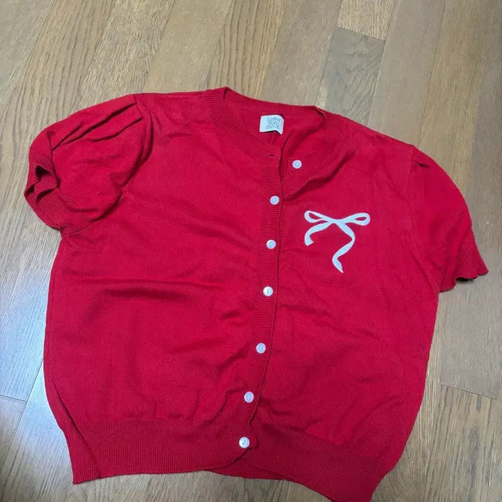 [BUNJANG] Letter From Moon Ribbon Half Sleeve Cardigan Red / 레터프롬문 리본 프롬문 하프 반팔 가디건 레드