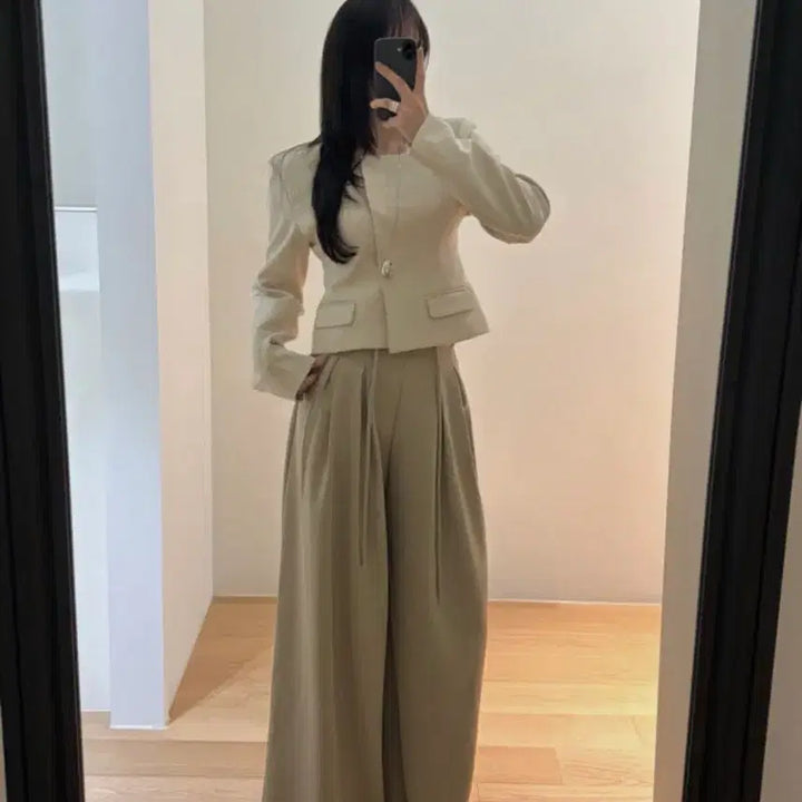[BUNJANG] Bybeige Square Spring Jacket &amp; Pleated Wide Slacks Set / 바이베이지 스퀘어 봄 자켓,허리벨트 끈 핀턱 와이드 슬랙스