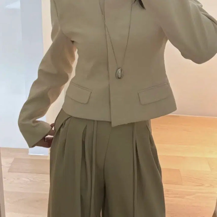 [BUNJANG] Bybeige Square Spring Jacket &amp; Pleated Wide Slacks Set / 바이베이지 스퀘어 봄 자켓,허리벨트 끈 핀턱 와이드 슬랙스