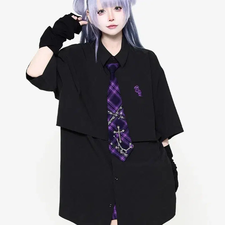 [BUNJANG] TRAVAS TOKYO Layered Tie Short Sleeve Shirt / TRAVAS TOKYO 트라바스 도쿄 넥타이 레이어드 반팔 셔츠