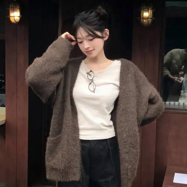 [BUNJANG] Dayrose Brown Angora Cardigan / 데이로제 브라운 캐츠 앙고라가디건 루즈핏가디건 니트가디건 에이블리