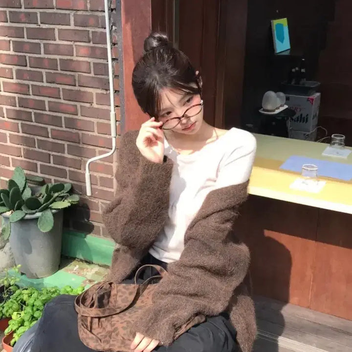 [BUNJANG] Dayrose Brown Angora Cardigan / 데이로제 브라운 캐츠 앙고라가디건 루즈핏가디건 니트가디건 에이블리