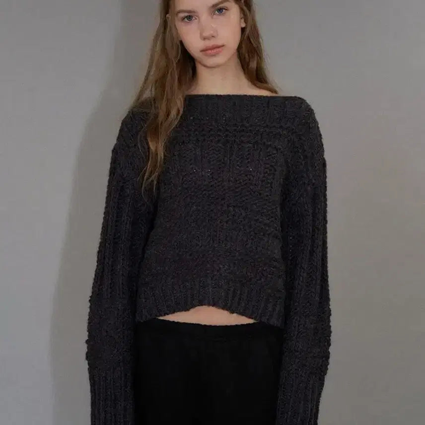 [BUNJANG] Headerment Boat Neck Bulky Knit Charcoal / 헤더먼트 보트넥 벌키 니트 차콜