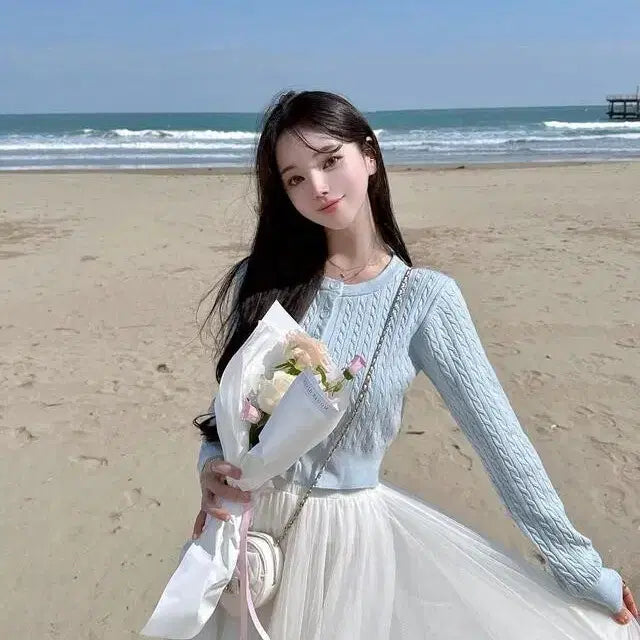 [BUNJANG] Mayyun Cable Knit Cardigan Sky Blue / 메이윤 촉감대박 꽈배기 가디건 소라