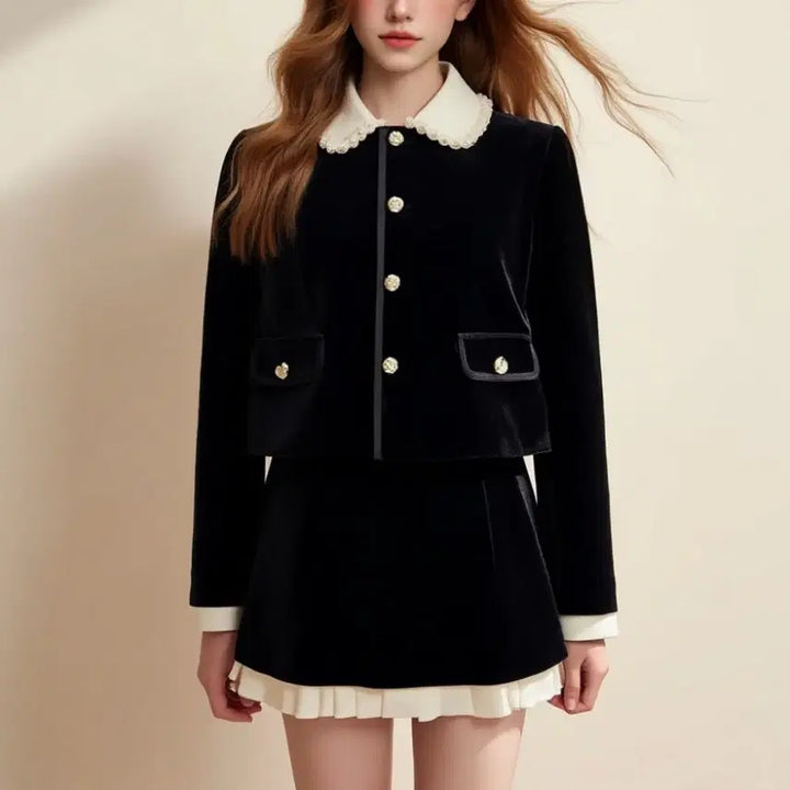 [BUNJANG] Black Velvet Two-Piece Set / 블랙 벨벳 투피스 자켓 미니 스커트 셋업 정장세트 55사이즈