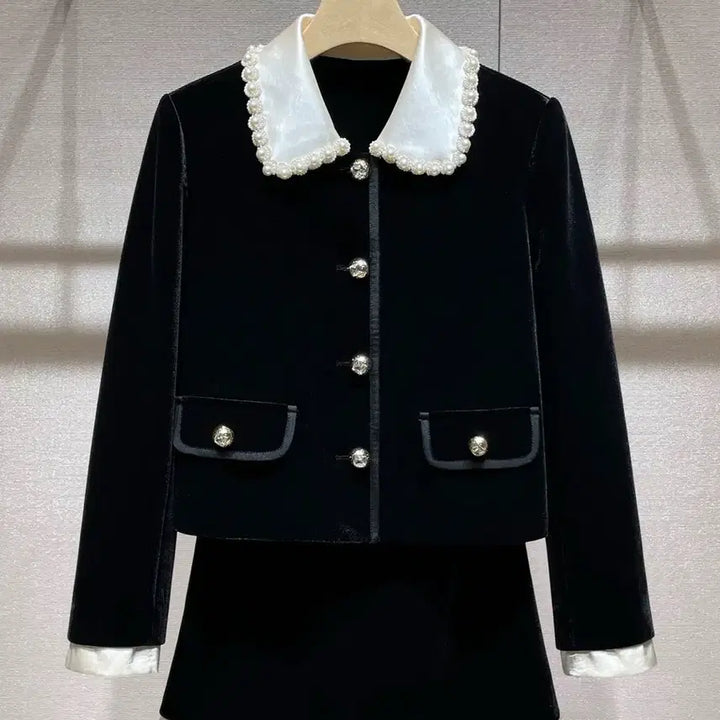 [BUNJANG] Black Velvet Two-Piece Set / 블랙 벨벳 투피스 자켓 미니 스커트 셋업 정장세트 55사이즈